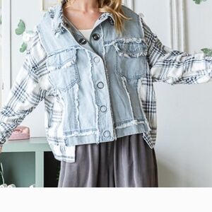 POL Light Blue Denim Jacket with White Plaid Sleeves